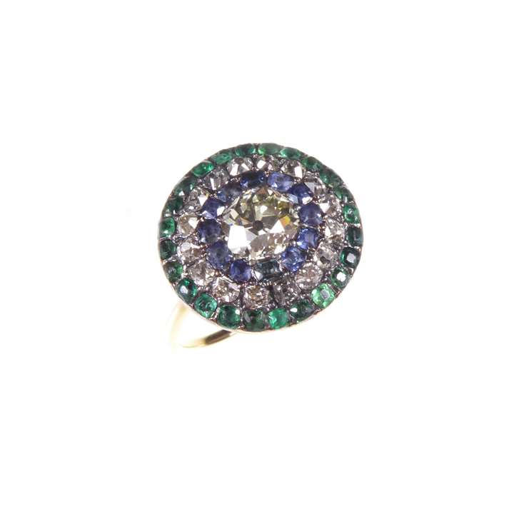 Diamond, sapphire and green paste target cluster ring, close set in silver and gold, English circa 1760